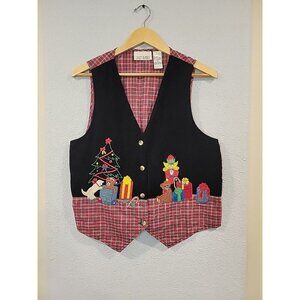 Women Casey & Max Plaid Velvet Christmas Tree Gifts Teddy Bear Vest Sz Medium